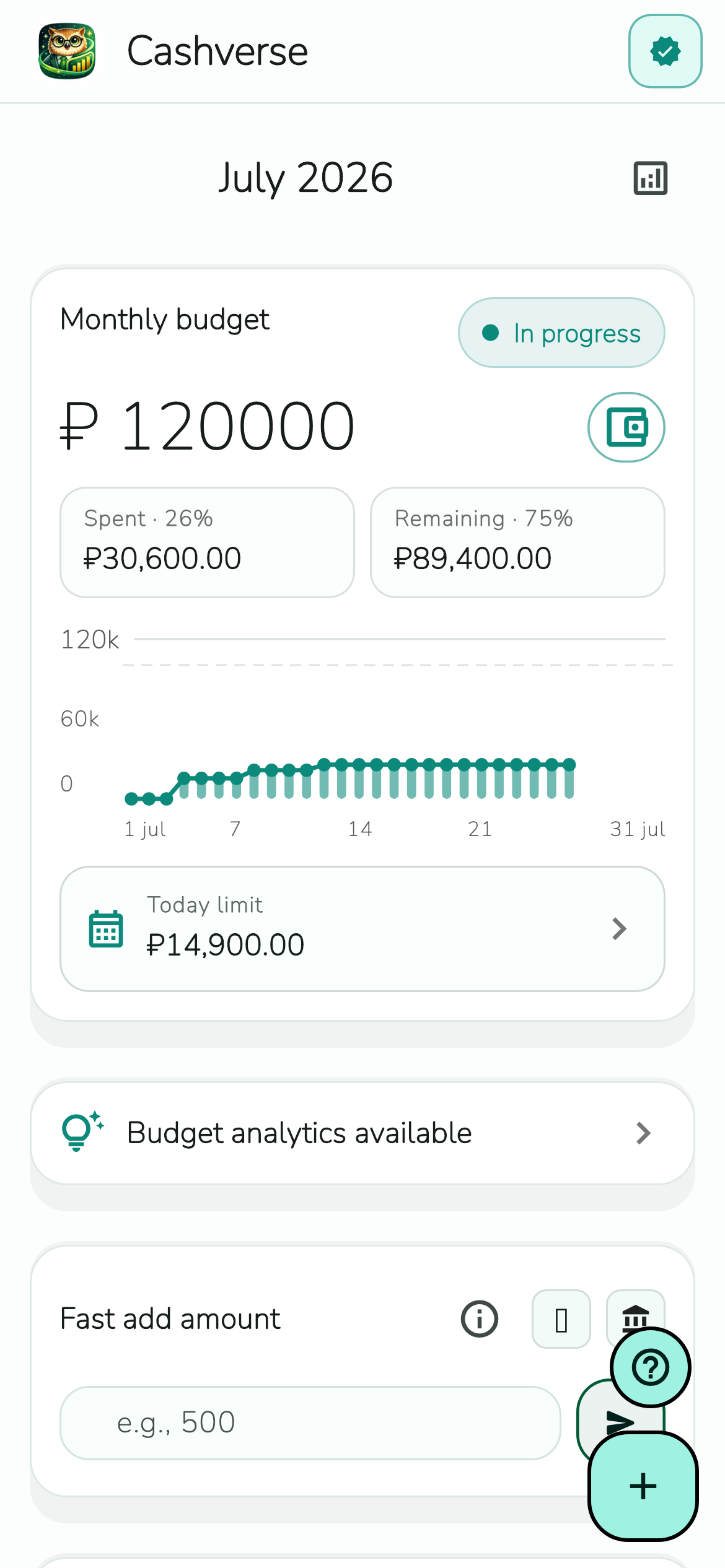 Cashverse monthly budget, remaining amount and daily spending limit