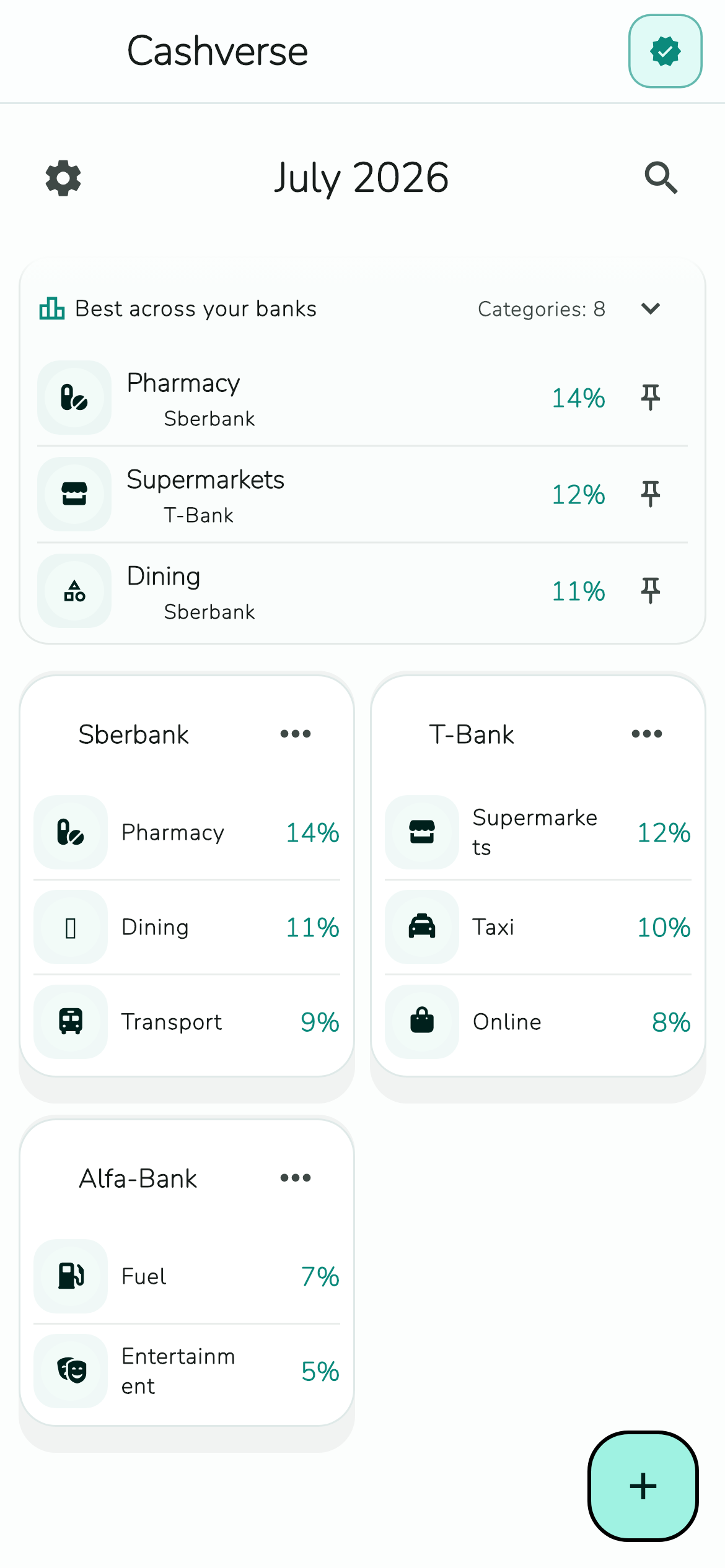 Selected monthly cashback categories across several banks in Cashverse